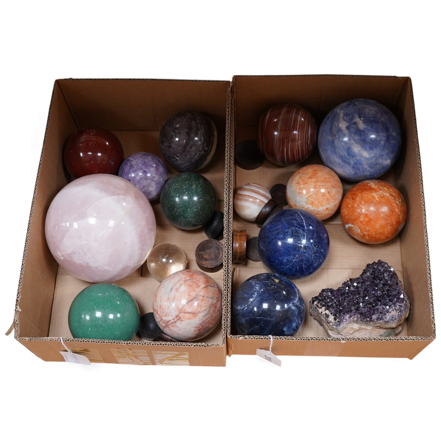 Fifteen marble, quartz and other crystal spheres of various diameters, the largest approx 14cm diameter, and an amethyst geode